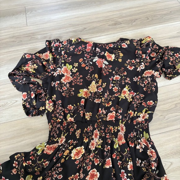 Nine Britton Vivienne Black Floral Print Smocked Waist Tiered Midi Dress XL - Picture 6 of 6